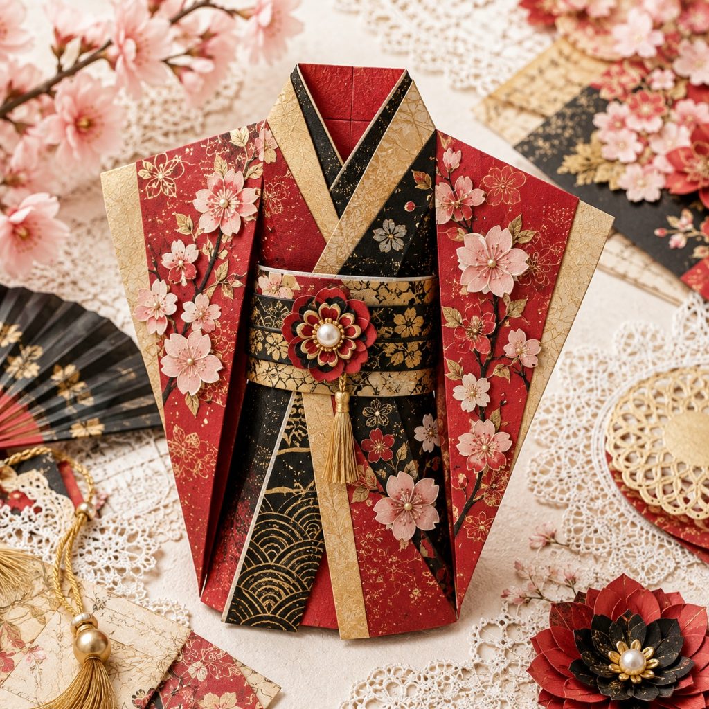 Red Black & Gold Origami Kimono