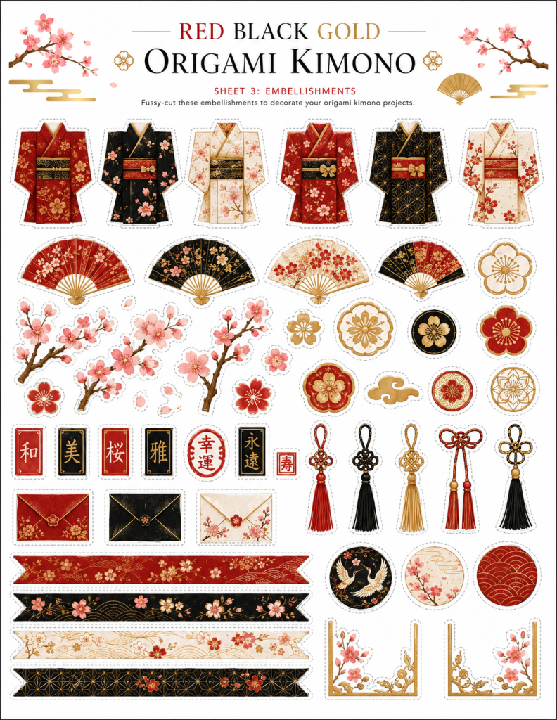 Red Black Gold Origami Kimono Embellishments