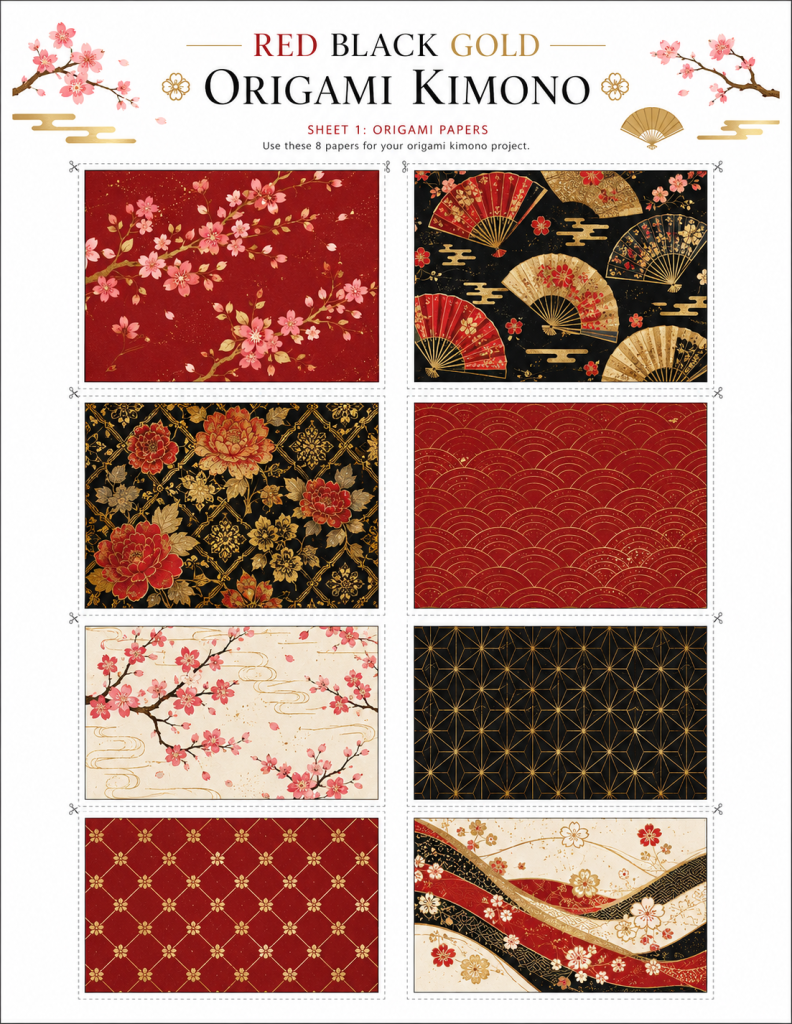 Red Black Gold Origami Kimono Papers