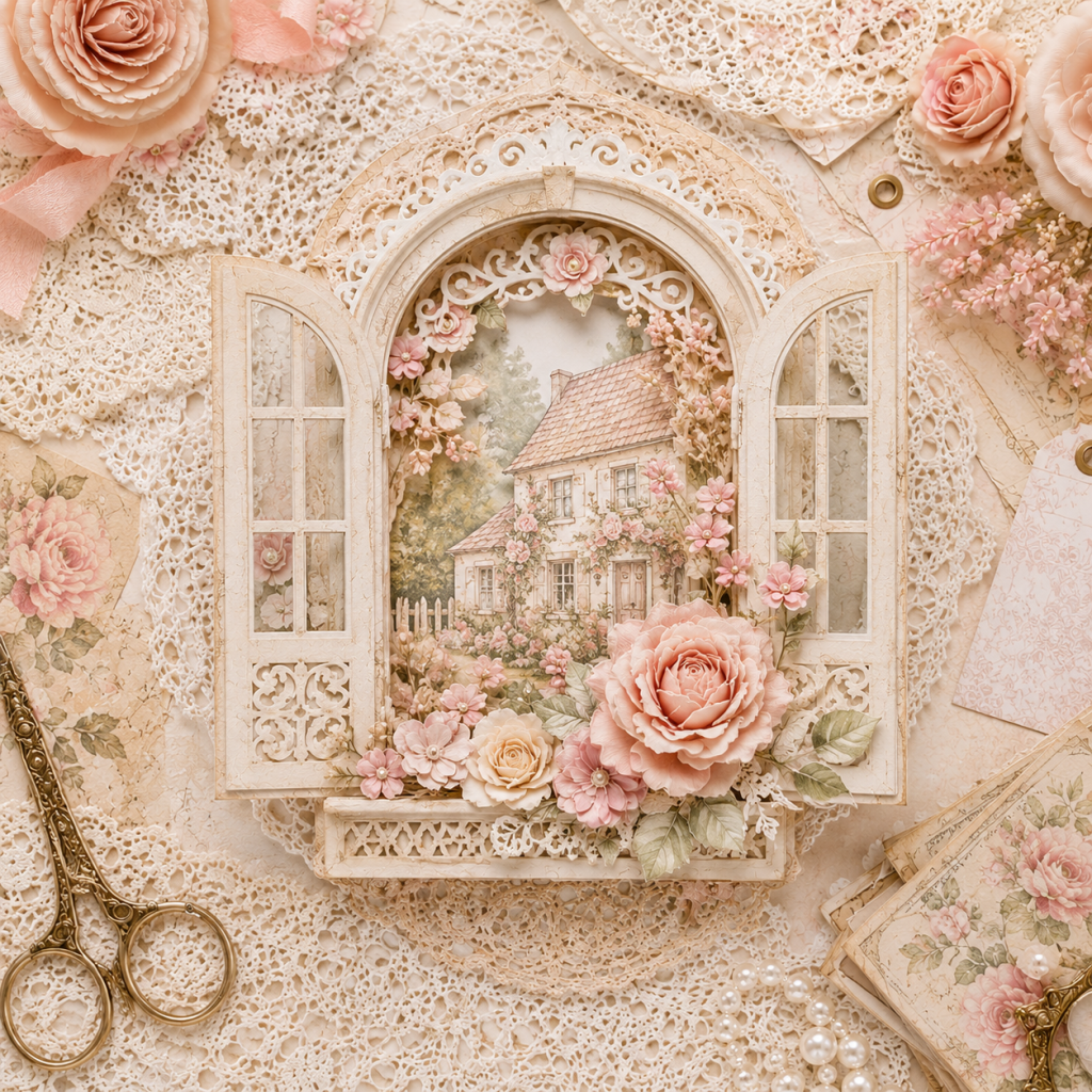 Romantic Cottage Window Scene Insert