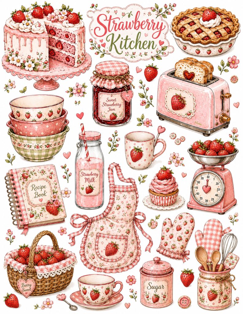 Strawberry Kitchen Watercolor Collage