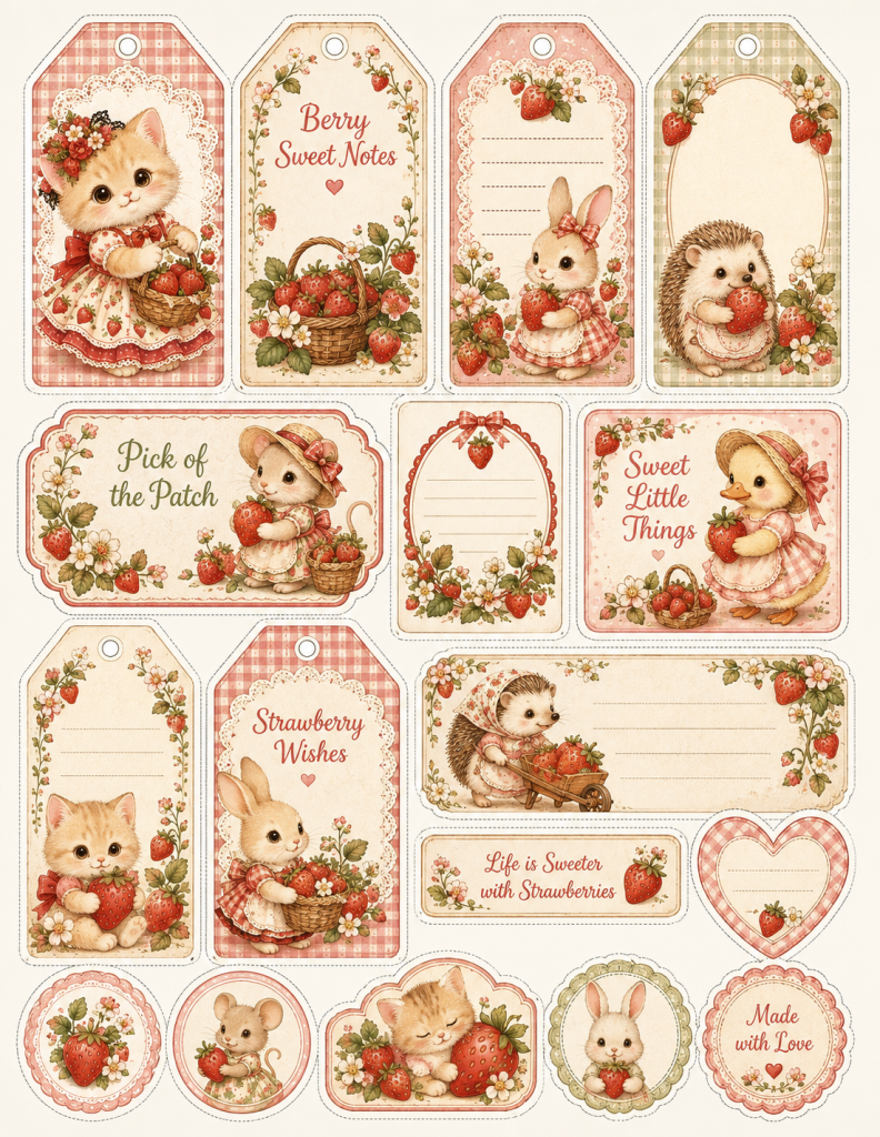 Vintage Strawberry Kawaii Sticker Sheet